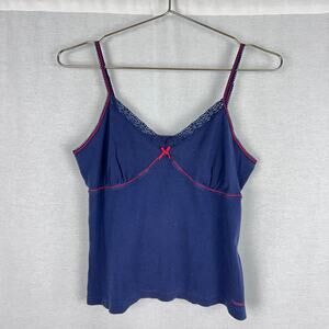 Vintage Hanes Top Y2K Babydoll Lace Trim Cami Bow Nautical Dark Coquette Casual